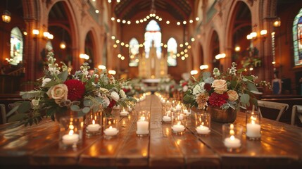 Beautiful wedding reception setup in a stunning church with elegant floral arrangements and candlelit ambiance.