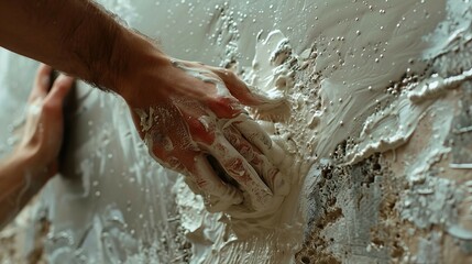 Fototapeta premium Close-up view of hands applying hydraulic cement to a wall. The hands are covered with the cement material as they work on a surface.
