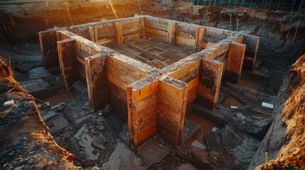 Close-up shot of a foundation being reinforced with wood and concrete.
