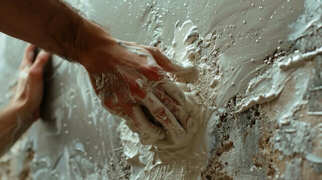 Close-up view of hands applying hydraulic cement to a wall. The hands are covered with the cement material as they work on a surface.