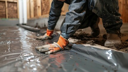Close-up shot of a worker installing a vapor barrier in a crawl space.