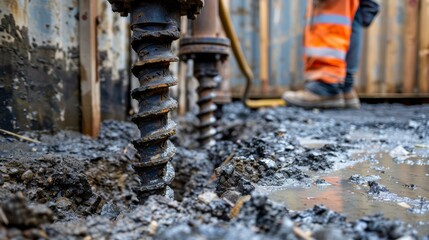 Close-up view of helical piers being screwed into the ground during construction. The image shows muddy ground, construction worker in background, and drill machinery in action.
