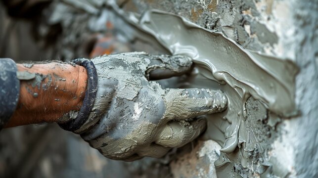 Close-up view of hands applying hydraulic cement to a leak during a construction project. The image shows a gloved hand carefully spreading cement over a damaged area.