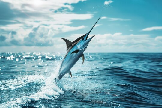 Blue Marlin fish jumping out of ocean water