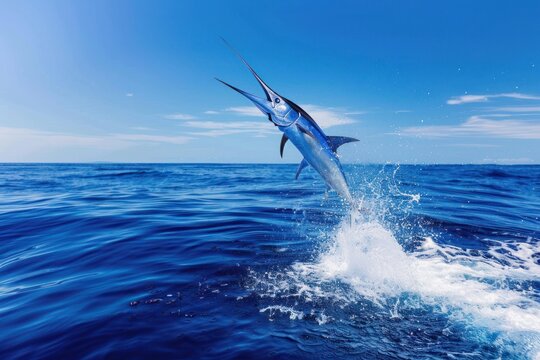Blue Marlin fish jumping out of ocean water