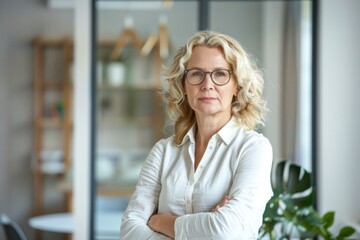 Fototapeta premium Business concept. Portrait of middle aged businesswoman ceo standing in office with arms crossed
