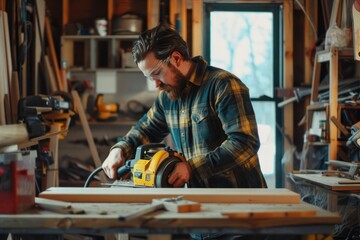 Carpenter working with circular saw on wooden plank in workshop. Craftsman with successful small business