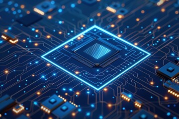 Obraz premium Futuristic chipset processor with circuit board digital transformation abstract technology background. Innovative tech and artificial intelligence cloud computing concept. 