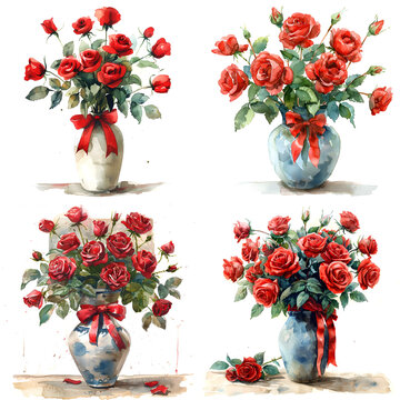 red reses in the vase with red ribbon, white background, water color painting style