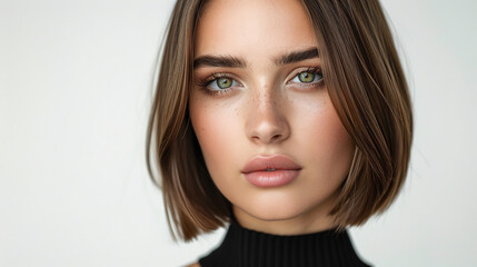 Naklejka premium A beautiful woman with short straight hair, showcasing her luxurious and shiny hair against an isolated white background. She is wearing a black top 