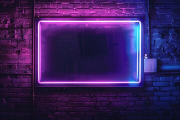 Blue simple laptop neon signboard. Digital store, Electronics shop sign. Glowing poster. Copy space frame on brick wall. 