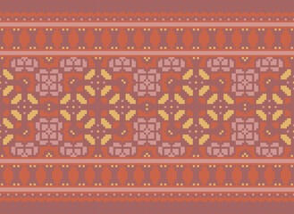 Pixel Horizontal Seamless Vector. Geometric Ethnic Indian pattern. Native Ethnic pattern. Cross Stitch Border. Texture Textile Fabric Clothing Knitwear print.