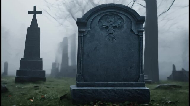 Close-up view of a nameless tombstone in a dark foggy graveyard