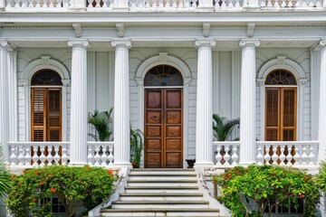 Colonial building facade with symmetrical design, white columns, and shuttered windows, Generative AI