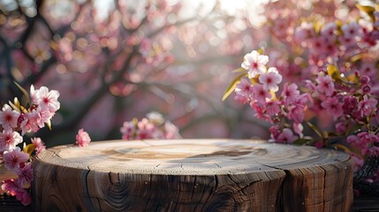Wooden podium with cherry blossom or sakura flowers background. Perfect for beauty product presentation