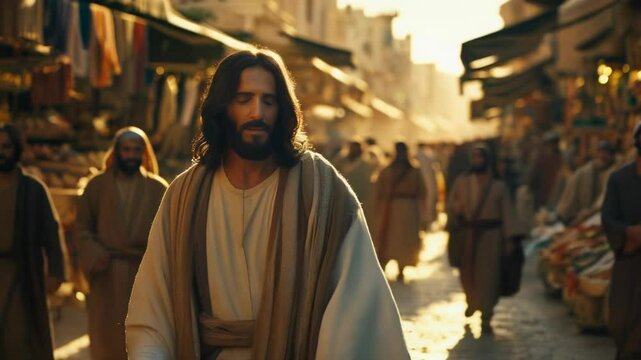 Jesus in a robe walks through an ancient market.