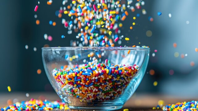 Colorful sprinkles pouring into clear glass bowl