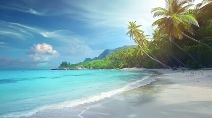 Obraz premium A beautiful tropical beach with palm trees and a clear blue sky, adds to its picturesque charm. This tranquil coastal setting evokes images of summer