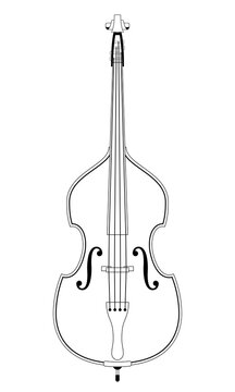 Contrabass black vector illustration, isolated on white background. Classical contrabass. Classic stringed musical instrument. Double bass, contrabass clipart. Black and white illustration.