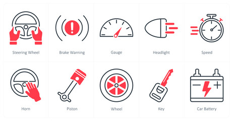 A set of 10 Car icons as steering wheel, brake warning, gauge