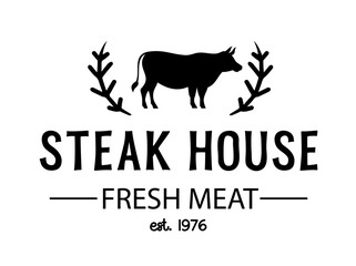 Steak house logo. Vector illustration. Retro style grill restaurant, bar emblem, badge, design, logotype template. Barbecue restaurant typography logo. Vintage design. Steakhouse vector template logo.