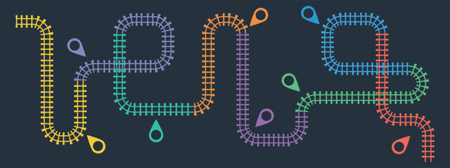 Railroad tracks infographic. Business template with 8 options or steps. Railway simple icon, rail track direction, train tracks colorful vector illustration on a black background.