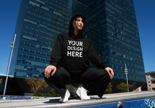 Mockup Of Woman In Customizable Hoodie, Crouching