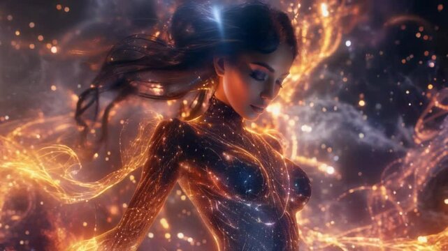 A silhouette reaches towards an array of glowing lights, creating a dance between light and shadow, evoking serenity and wonder