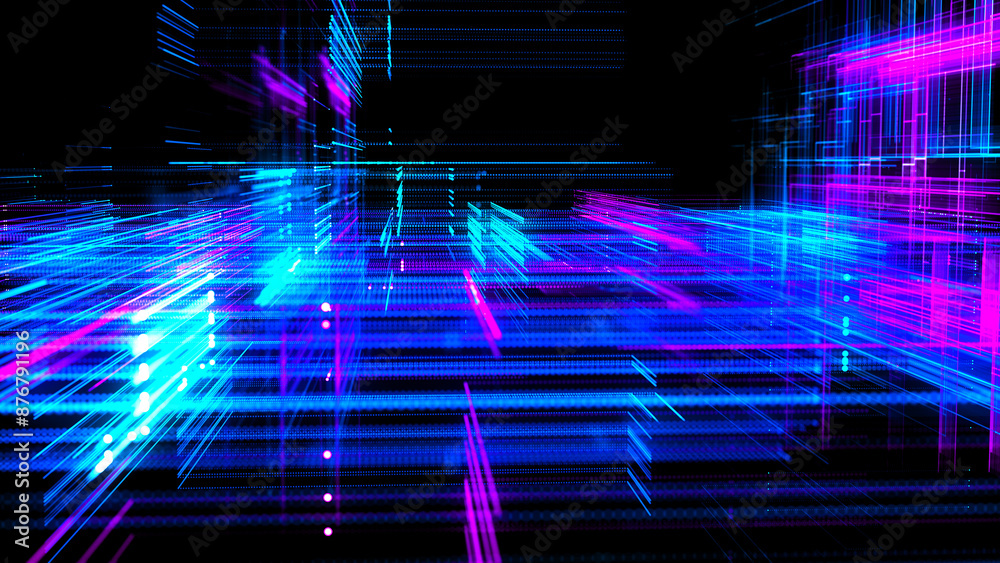 Poster abstract techno background. three-dimensional composition of intersecting multi-colored grids. infor