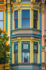 Victorian building facade with bay windows, elaborate trim, and colorful paintwork, Generative AI