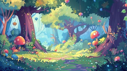 Fantasy forest with whimsical creatures, illustration cartoon background, magical adventure