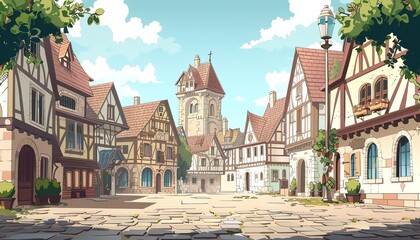 Medieval market square, illustration cartoon background, historical setting