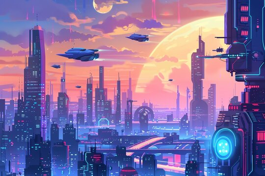 Sci-fi cityscape with flying cars, illustration cartoon background, futuristic metropolis