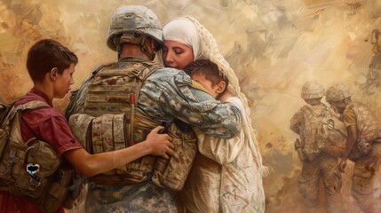 The miracle of a warm embrace, shown by a soldier returning home to their family