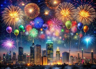 Fototapeta premium Vibrant fireworks explode in a starry night sky above a glittering cityscape, with colorful balloons and confetti scattered around a giant 2025 sign.