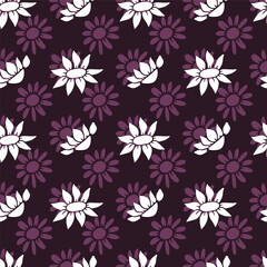 Seamless pattern with abstract retro wild flower blooms on purple background. Vintage ditsy floral digital paper
