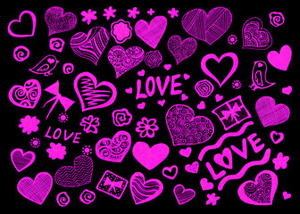 Set of love elements in purple color isolated on black background. Doodle. Many hearts different sizes, filled with various ornaments. Words Love lettering.