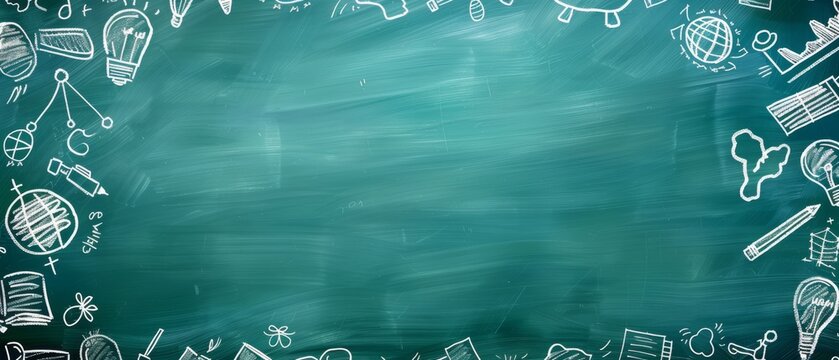 A green chalkboard background with white chalk doodles related to back to school, such as light bulbs, books, and a globe. Back to school