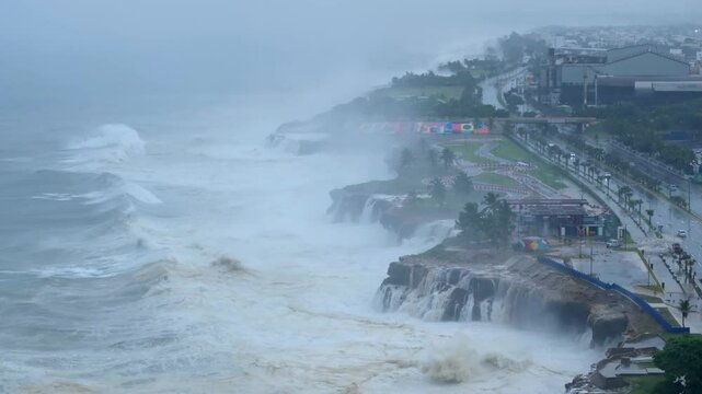Drone shot flying over massive cyclone waves crashing the Caribbean coastline