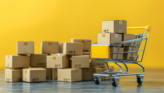 A miniature shopping cart filled with neatly packed parcels stands against a bright yellow background, symbolizing online shopping, delivery, and reliability. It has a modern and playful setup.