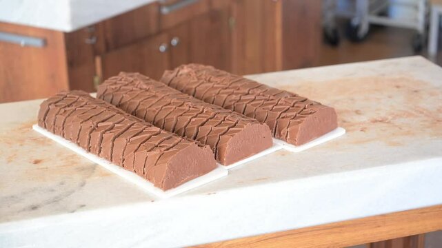 Mackinac Island, Michigan chocolate fudge, cut, awaiting packaging
