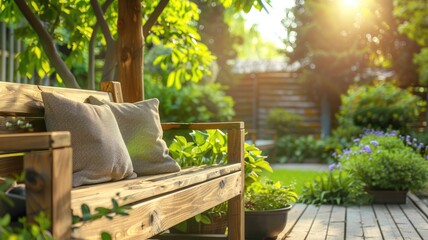 Sunlit garden with wooden bench, pillows, and various lush plants