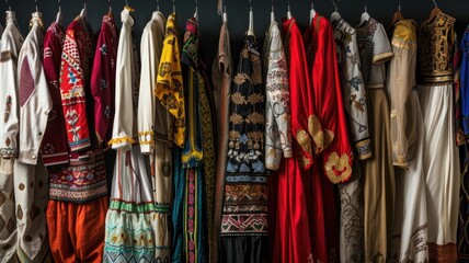 Assorted traditional dresses hanging, showcasing vibrant cultural clothing