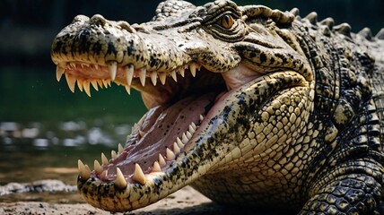 Fototapeta premium Crocodile's open jaw, sharp teeth and powerful bite