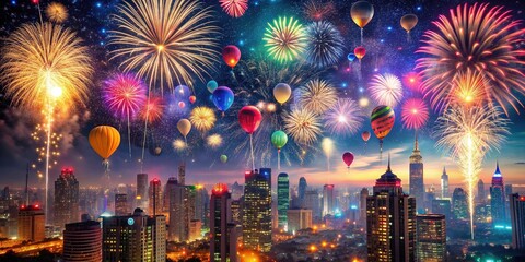 Vibrant fireworks explode in night sky above glittering cityscape, confetti and balloons mingle with shimmering lights, welcoming joyful start to New Year 2025 celebration.