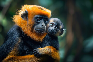 Obraz premium A golden monkey mother holding her baby close, their expressions of love and protection highlighted against the natural forest scenery.