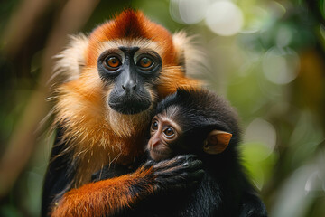 Obraz premium A golden monkey mother holding her baby close, their expressions of love and protection highlighted against the natural forest scenery.