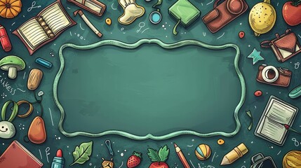 An illustrated design featuring a variety of school supplies, autumnal elements, and a blank chalkboard space for adding text. Back to school