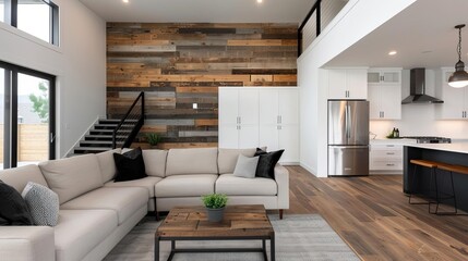 Obraz premium Modern home with decor made from reclaimed wood and metal, sustainable interior design, eco-friendly living