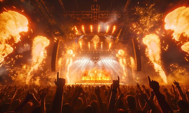 main stage on a rock festival with flames, laser and pyrotechnic, cheering people in the audience, Hyper realistic, high details